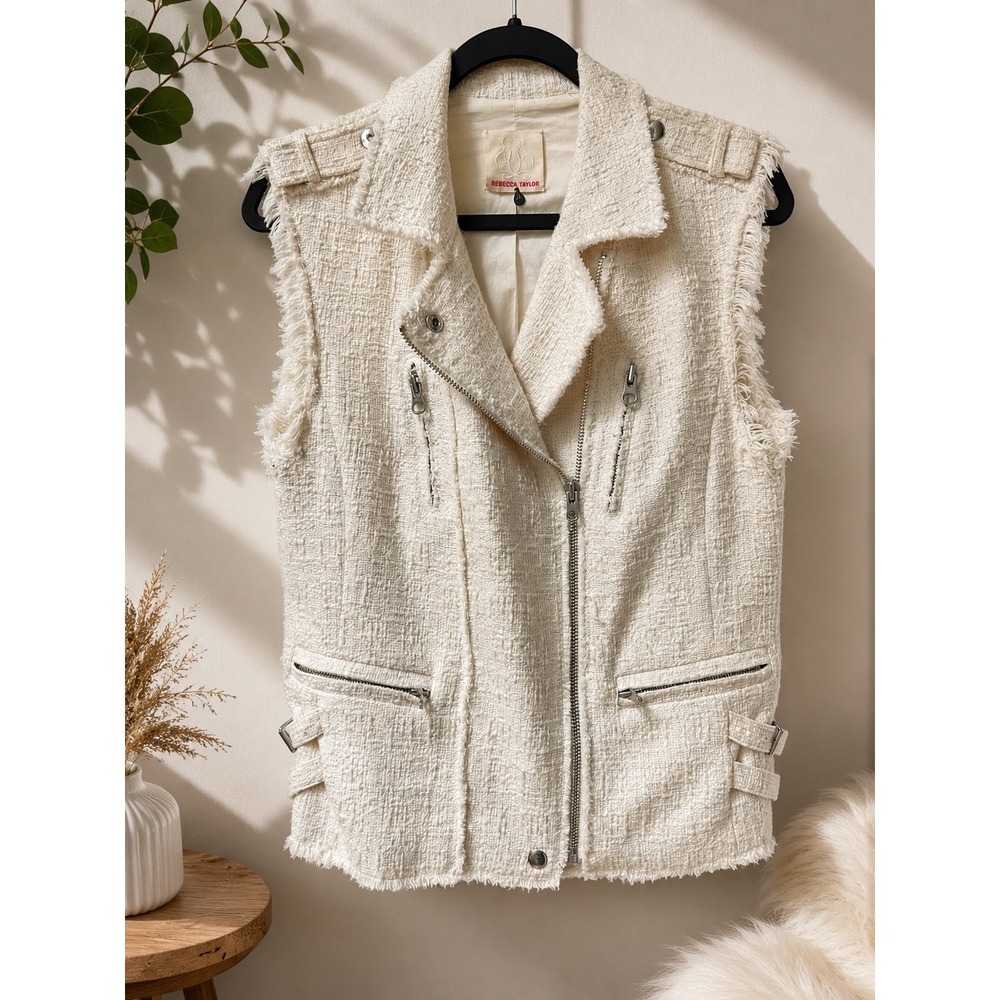 Rebecca Taylor Cream Tweed Frayed Moto Vest Size Medium